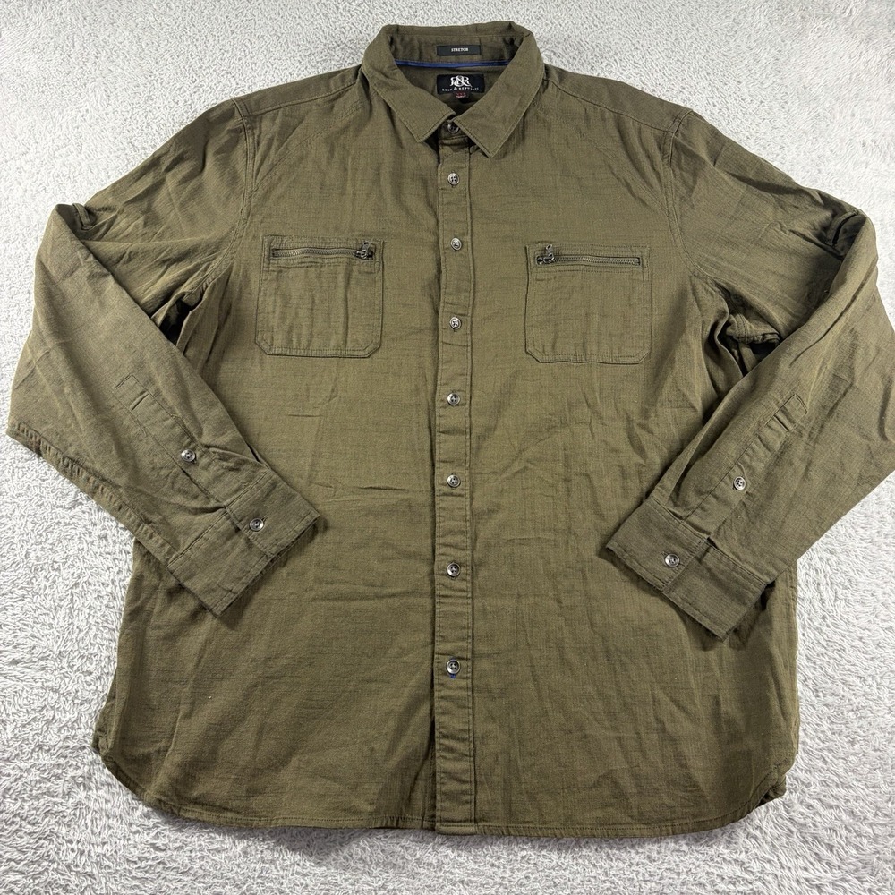 Rock Republic Shirt Mens XXL Stretch Olive Green Pockets Utility Herringbone - Picture 2 of 12